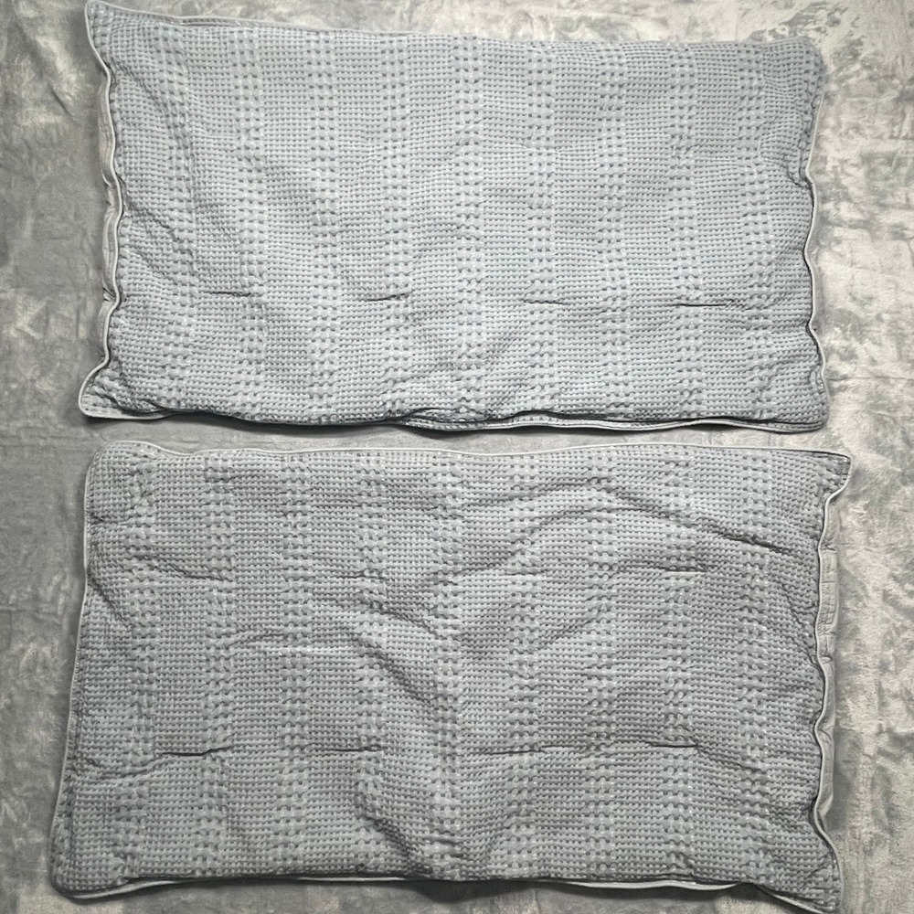 Pottery Barn Pillow Shams King Grey Waffle Weave Quilted 100% Cotton Set of 2